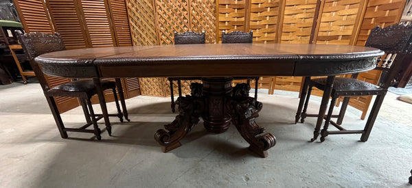 1880's German/French Huntsman's Hand Carved Oak Dining Table with Leaf, and (6) Henry II Revival Chairs ***HEAVY ITEM***READ DESCRIPTION CAREFULLY***