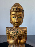 Praying Burmese Mandalay Style Gilded Vintage Wooden Buddha with Glass Inlay (A)