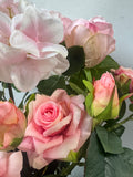 Faux Pink Florals in Frosted Ruffle Edged Glass Vase