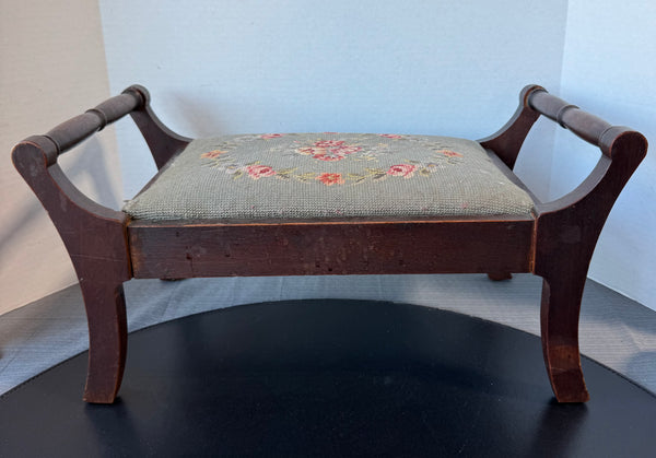 Wooden Floral Needlepoint Vintage Foot Stool AS IS (READ DESCRIPTION CAREFULLY)