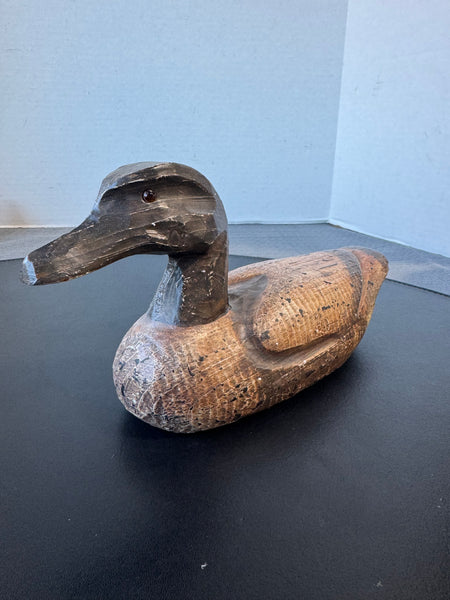 Primitive Carved Rustic Wooden Duck with Glass Eyes