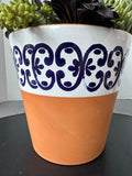 Faux Succulent Arrangement in Terracotta Pot with Blue & White Design