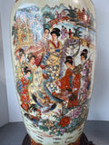Japanese Vintage Satsuma Style Large Porcelain Fluted Vase on Wooden Stand