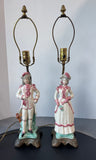 Pair of Antique Porcelain Figural Lamps with Heavyweight Metal Bases (WORKS) AS IS (READ DESCRIPTION CAREFULLY)
