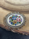 Viennese Petit Point Floral Micro Needlepoint Oval Brooch