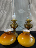 Pair Of Brass Kerosene Lamps With Honey Amber Glass Shade ** READ DESCRIPTION CAREFULLY**