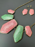 Hope Collection Pink & Green Swirled Stone Geometric Gold Tone Necklace & Earrings Set