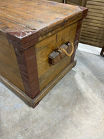 Antique Wooden Trunk with Metal Accents on Casters