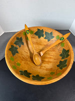 Ivy Painted Munising Style Vintage Wooden Footed Bowl with Utensils