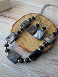Blue Gray Shell Beaded Necklace & Earrings Set