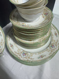 32-Noritake Japan N830 Green Rimmed Floral China Set