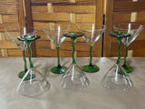 Clear Martini Glasses with Green Glass Stems, Set of 7