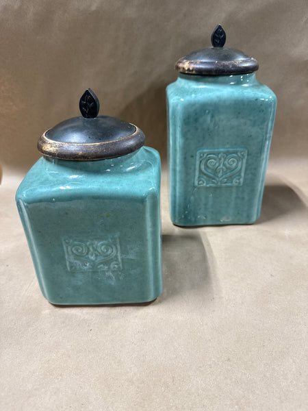 Pair Of Maine Green Ceramic Kitchen Canisters
