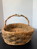 Oval Woven Wicker & Straw Hand Basket with Poinsettia Porcelain Handle