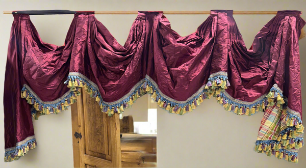 Burgundy Waterfall Valance with Tassels on Wooden Rod