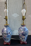 Pair of Asian Inspired Blue Floral Vase 3-Way Lamps (WORKS)