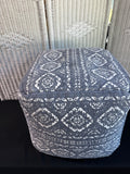 Blue & White Bohemian Medallion Fabric Pouf Ottoman