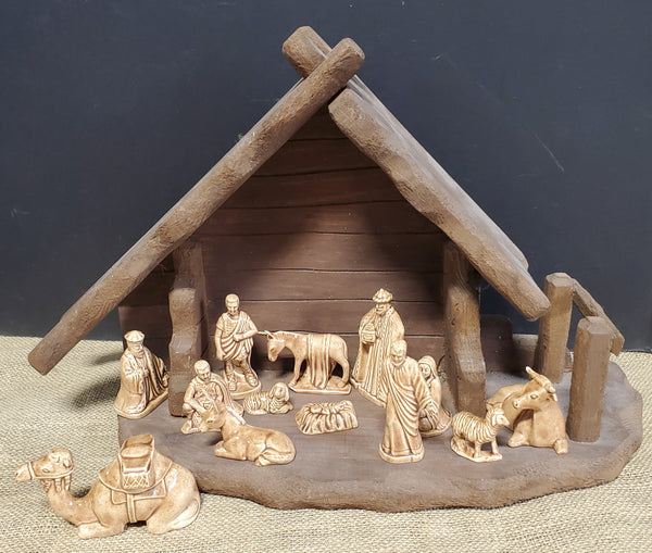 Wooden Nativity Scene with Ceramic Pieces