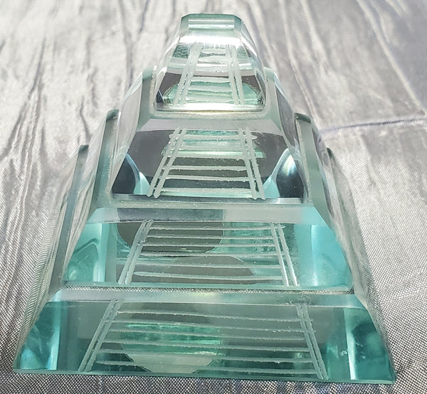 Etched Glass Pyramid Paperweight