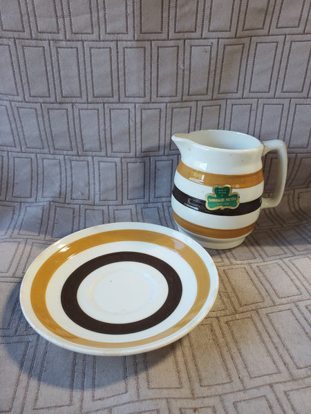 Vintage Carrigaline Pottery Brown Striped Cream Pitcher and Saucer Set