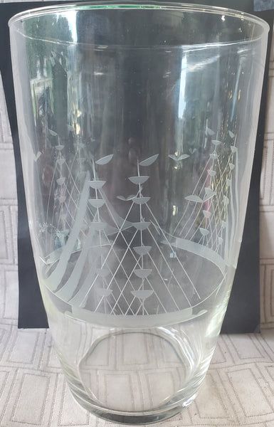 Vintage Etched Clear Glass Clipper Ship Vase