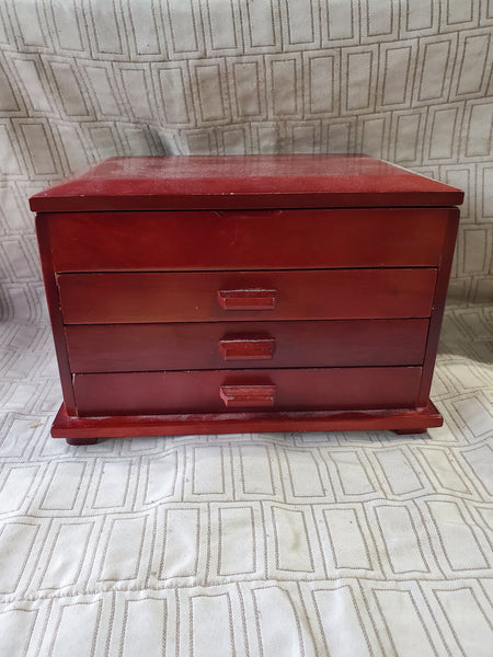 Vintage Red Toned Wooden Jewelry Box