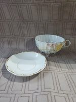 Gold, Pink, Blue, and White Floral Teacup and Saucer Set