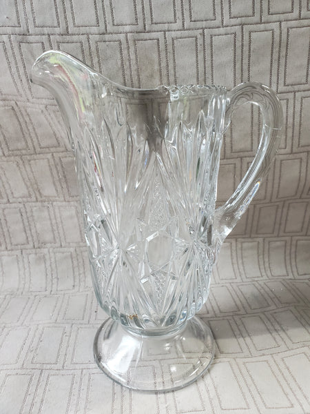 Heavy Cut Clear Glass Footed Water Pitcher