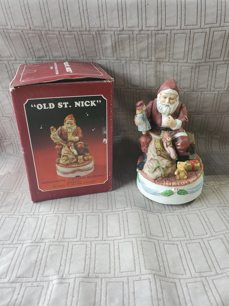 Vintage "Old St. Nick" Hand Painted Porcelain Revolving Music Box WORKS