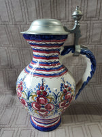 Vintage Hand Painted Ceramic Jug with Metal Lid