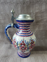 Vintage Hand Painted Ceramic Jug with Metal Lid