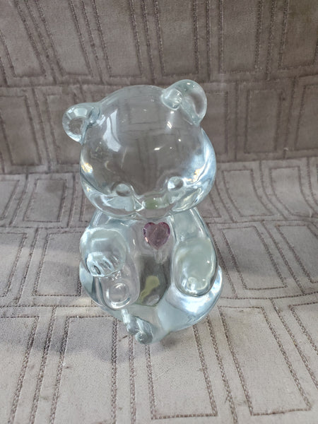 Vintage Fenton Clear Glass and Pink Zirconia Heart Bear Paperweight