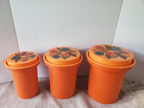 Set of 3 Vintage Rubbermaid Nesting Flower Power Orange Kitchen Canisters