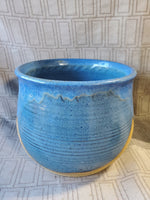 Signed Round Blue and Brown Glazed Pottery Planter