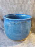 Signed Round Blue and Brown Glazed Pottery Planter