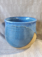 Signed Round Blue and Brown Glazed Pottery Planter