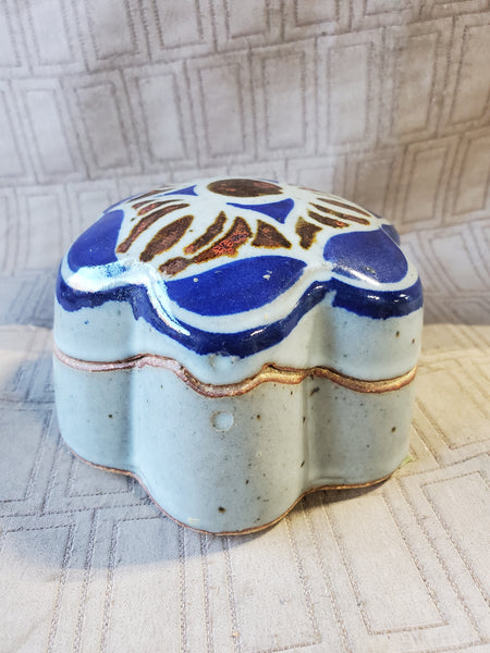 Signed Blue Glazed Pottery Flower Trinket Box