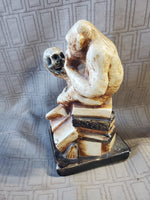 Thinking Monkey Sitting on Stack of Books Holding Skull Statue