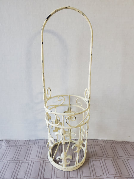 Vintage White Shabby-Chic Wrought Iron Fleur-de-lis Wine Bottle Carrier