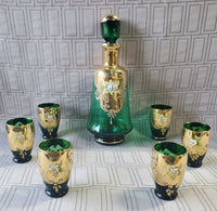 7 Piece Green Murano Glass with 24k Gold Paint Liqueur Set