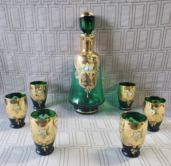 7 Piece Green Murano Glass with 24k Gold Paint Liqueur Set