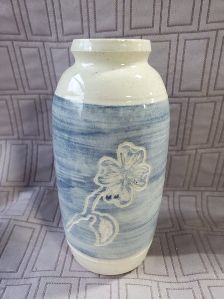 Signed Glazed Pottery Vase with Flower