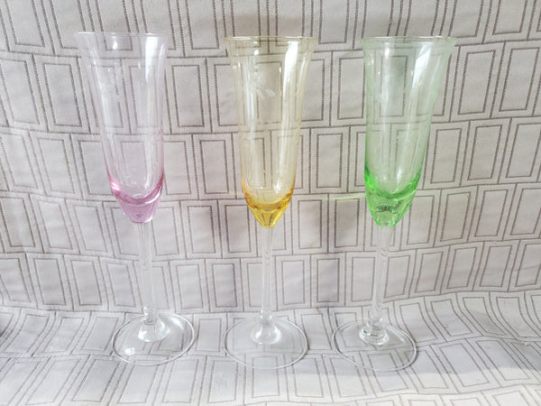 Set of 3 Vintage Multi-Colored Champagne Flutes