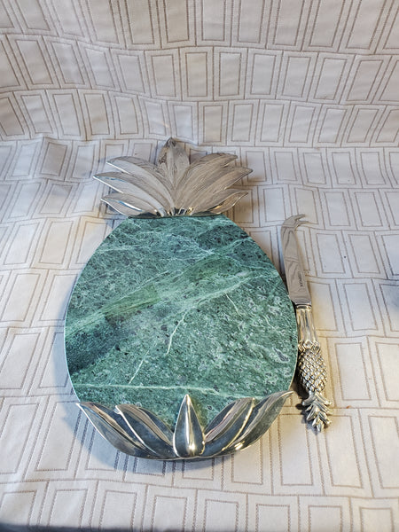 Vintage Godinger Green Marble Pineapple Charcuterie Board with Cheese Knife