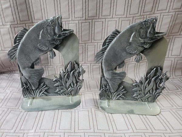 Pair of Vintage Pewter Large Mouth Bass Bookends