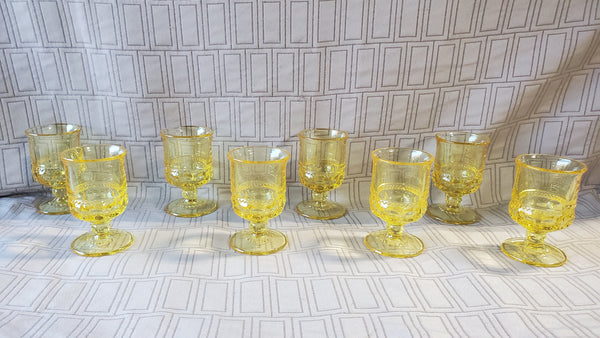 (A) Set of 8 Vintage Yellow Glass Cordial King's Thumbprint Goblets