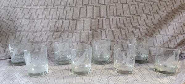 Set of 8 Etched Clear Glass Wild Game Birds Old Fashioned Glasses