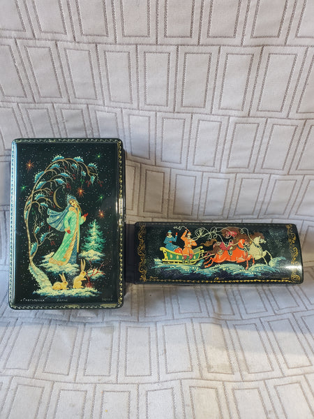 (A) Pair of Vintage Russian Fairytale Lacquer Trinket Boxes