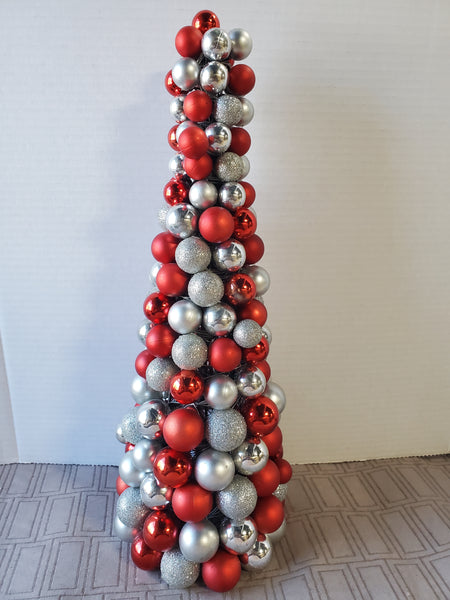 Red and Silver Ornament Christmas Tree Centerpiece