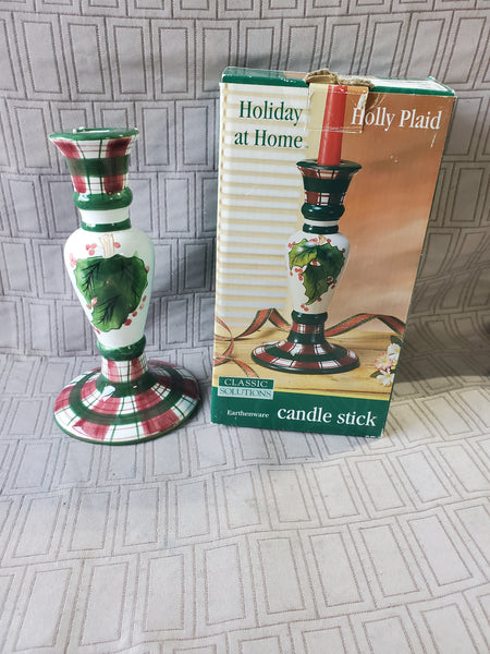 Ceramic Holly Plaid Candlestick Holder